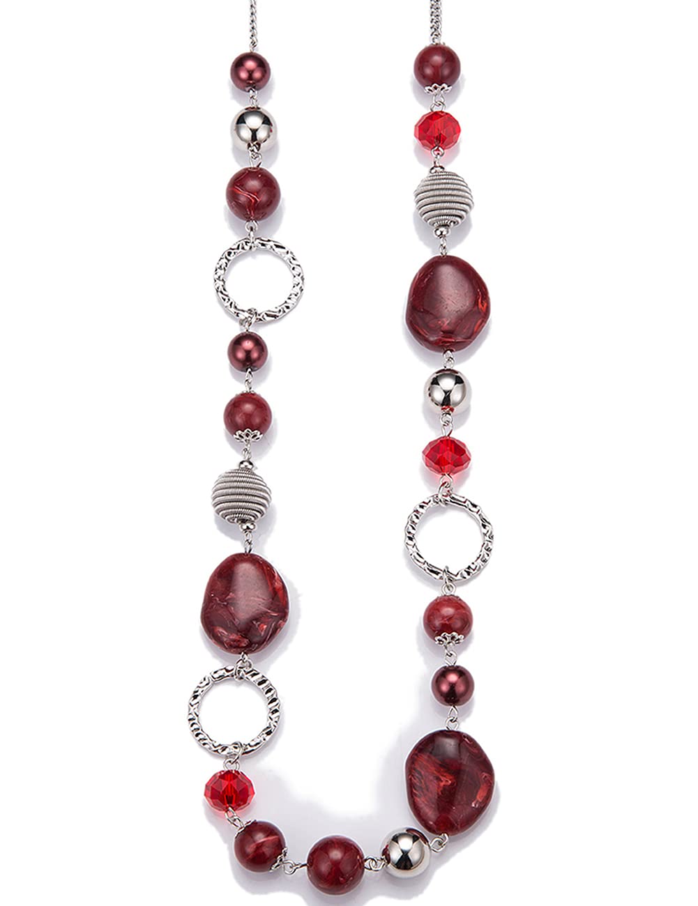 BULINLIN Long Beaded Silver Necklace for Her Crystal Bead Sweater Chain Fashion Jewelry Necklace Birthday Gifts for Women Mum(Red)