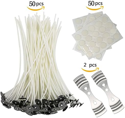 JoinPro 50 Pieces Candle Wicks 8 Inches Natural Cotton Core with 50 Wick Stickers and 2 Metal Holders for Candle Making DIY Crafts
