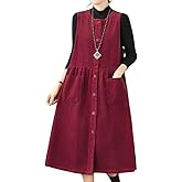 chouyatou Women's Corduroy Button Down Babydoll Tank Dress Crewneck Over Knee Long Overall Dress with Pockets