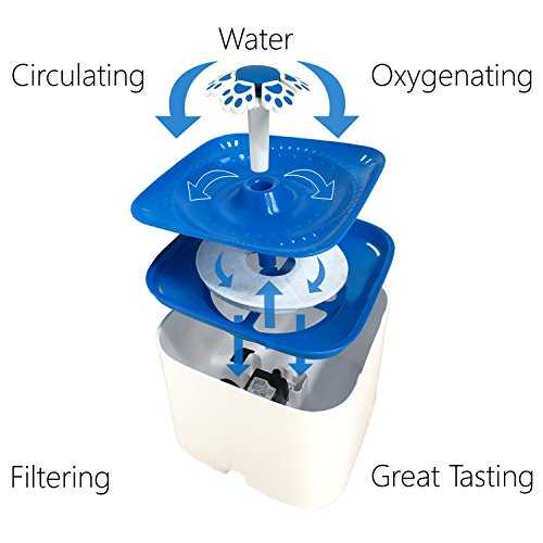 Pet Fit For Life Water Fountain Dispenser Plus Bonus Cat Wand and Mat - 2 Liter Super Quiet Automatic Water Bowl with Charcoal Filter for Dogs, Cats, Birds and Small Animals