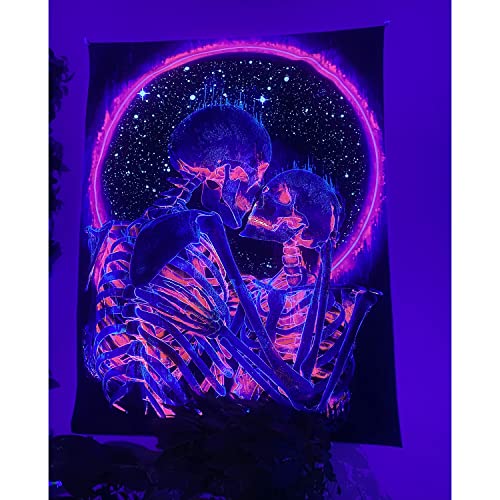 Manicer Blacklight Skull Tapestry, The Kissing Lovers Tapestry UV Reactive Trippy Psychedelic Neon Tapestries Glow in the Dark Party Backdrop, Skeleton Wall Art for Bedroom Living Room – 29.5” x 39.4”
