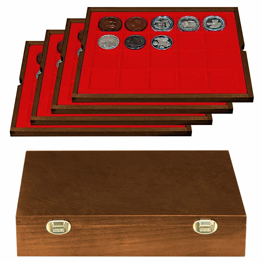 Lindner Real Wood Coin Box with 4 Light Red Trays for 80 Coins / Coin Capsules up to Diameter 47 mm