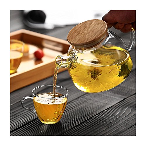 ONEISALL GYBL011 Heat Resistant Glass Teapot with Bamboo Lid Clear Glass Water Pitcher for Cold or Hot Water, Juice, Iced Tea, 33oz