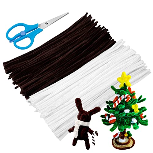 Christmas Pipe Cleaner, 200 PCS of Christmas Pipe Cleaner Process Set, White+Dark Brown Chenille Creative Process Pipe Cleaner for Crafts Christmas Decoration, Boutique, Wedding