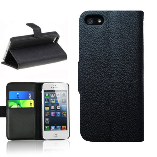 Maxboost iPhone 5C Case / iPhone 5C Wallet Case Card Case [Black Leather] - Premium Book Style Black Leather Wallet Case with Credit Card Slot