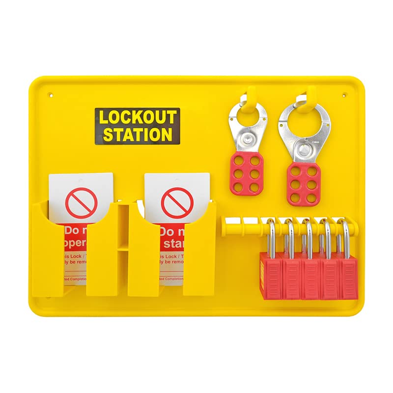 Lockout Tagout Filled Station Board 27 Piece - 5 Padlocks 20 Tags 2 Hasps Fixings Included Yellow
