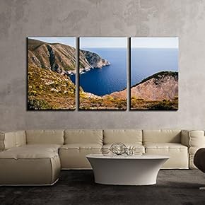 3 Piece Canvas Wall Art - Seashore Mountains and The Peaceful Blue Sea - Modern Home Art Stretched and Framed Ready to Hang - 16"x24"x3 Panels