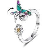 Hummingbird Sunflower Adjustable Rotating Fidget Ring for Anxiety Relief Sterling Silver Plated Cute Daisy Design Cubic Zirconia Trendy Stackable Stress Relief Jewelry for Women Daughter Graduation