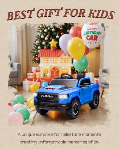 First Ride On 12v Kids Ride on Truck, Licensed Ram 1500 Rho Ride on Toy For Kids with Remote Control, Ride on Car for Children w/Truck Bed Storage, Smooth Start, Bluetooth, Aux Port (Blue)