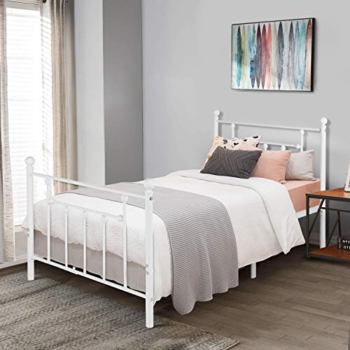 VECELO Classic Style Bed Frame Metal Platform Mattress Foundation for Kids Girls Boys Adults No Box Spring Needed with Steel Headboard & Footboard,Twin Size, White