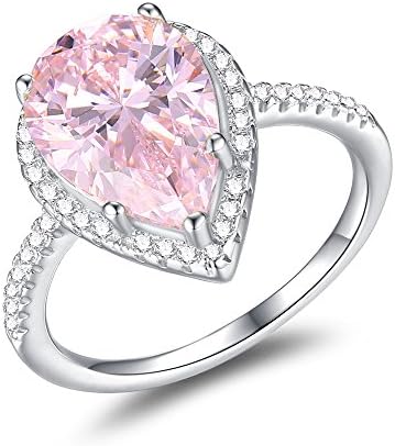 5ct Pink Teardrop Cubic Zirconia Ring in 925 Sterling Silver Halo Pear Cut Cocktail Engagement Wedding Anniversary Band Rings