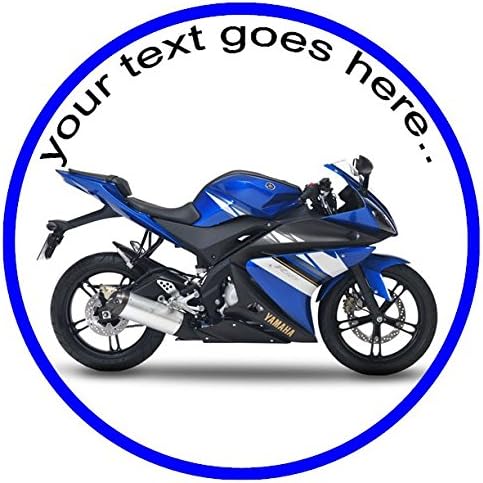 Personalised round cake topper 7.5" (or smaller if required) on icing- Blue motor bike