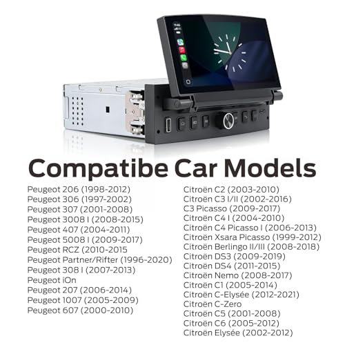 Peugeot 206 207 308 3008 Citroen C2 C3 C4 Picasso Single DIN Linux Car Stereo with Wireless CarPlay and Android Auto Touch Screen Retractable Plug and Play Bluetooth FM Radio RDS