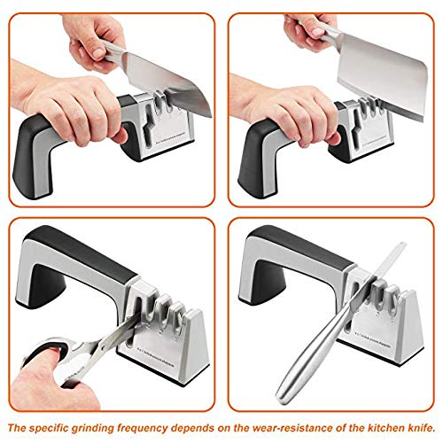 Kitchen Knife Sharpener, 4 in 1 Scissors and Knife sharpener 3-Stage Knife Sharpening Diamond Coated Tungsten steel ceramic Wheel Tool Helps Repair, Restore and Polish Blades (black-grey)