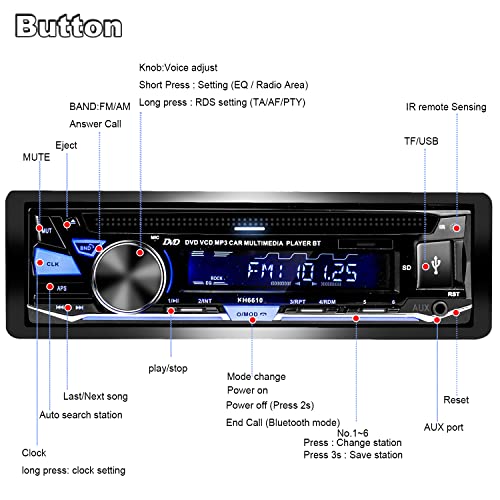 Alondy Car Radio Bluetooth USB CD/DVD Player, 1 DIN Radio RDS FM AM MP3 SD AUX Hands-Free