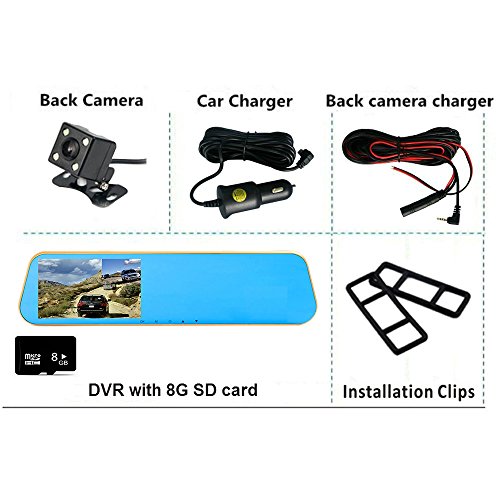 TENNBOO Mount Front and Rear Dash Cam with 4.3" Full HD 1080P Mirror Screen,170°Wide Angle Dual Lens Car DVR and 140°Water-Proof Back Camera,8GB Micro SD Card Included (Black)