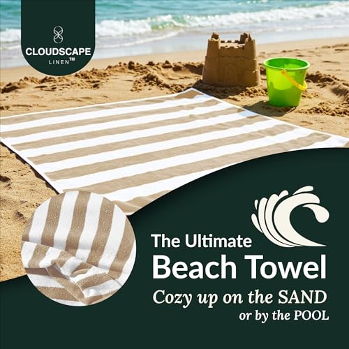 Cloud Scape Linen 6 Pcs Oversized Cotton Beach Towel Set | Quick Dry, Highly Absorbent & Extra Large 76x152 cm Pool Towels | Beige Cabana Stripe for Family, Travel, Gym, & Picnic