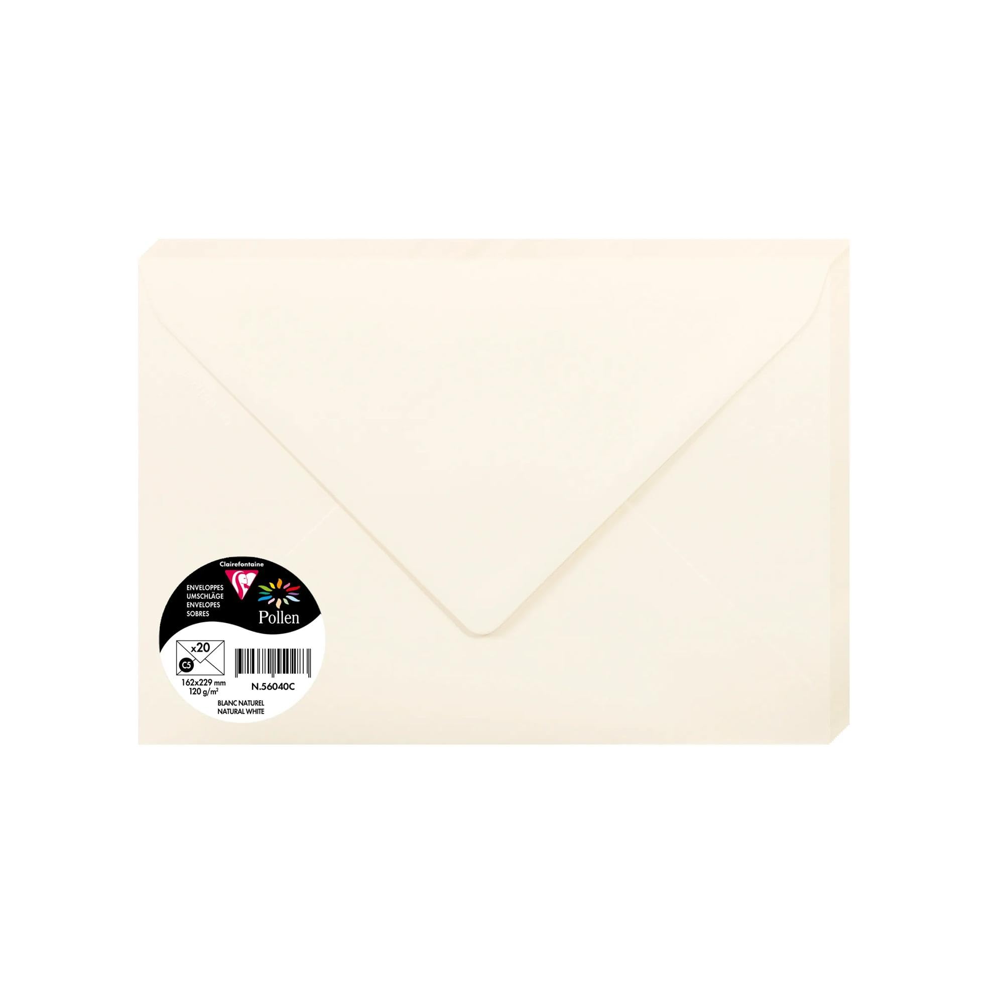 Clairefontaine Pack of 20 Gummed Envelopes, C5 Format 16.2x22.9cm, 120g/m², Natural White, Premium Paper