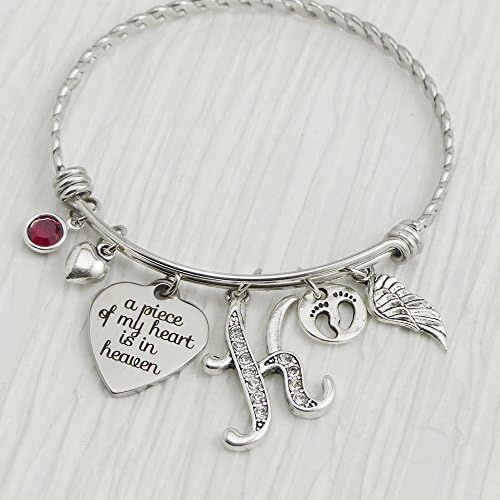 Infant Baby Memorial Bangle Bracelet Jewelry, A piece of my heart is in heaven Bracelet, Expandable Charm Bracelet, Angel Wing Jewelry, Footprint Charm, Remembrance Birthstone