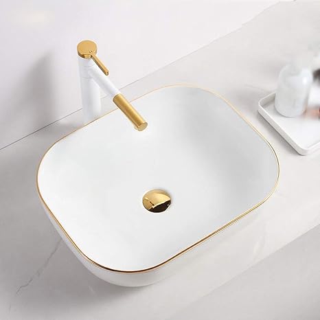 Amazon Co Jp 洗面台 北欧のシンプルなゴールド エッジ デザインの上カウンターホワイトセラミックバス容器シンク用キャビネット洗面化粧台 洗面ボール Color White Size 46x33x13 5cm ホーム キッチン