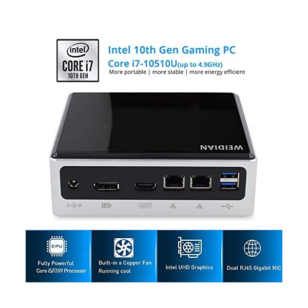WEIDIAN-Mini-PC-Desktop-PC-Latest-10th-Intel-Core-i7-10510U-Dual-LAN-HDMI-DP-WiFi-Bluetooth-40-Type-C-USB-4USB20-4USB30-Micro-PC-32G-Ram-512G-SSD WEIDIAN Mini PC i7, Mini PC Windows 10 Pro, Quad Cores Core i7-10510U, 32GB DDR4 RAM 512GB NVMe SSD, Support Dual 4K…