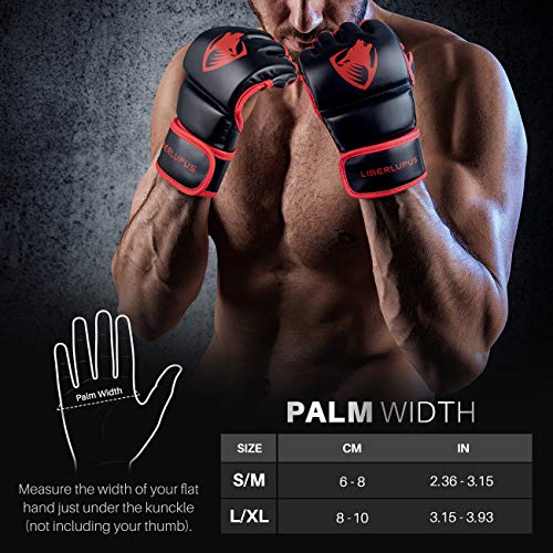 Liberlupus MMA Gloves, UFC Boxing Fight Gloves MMA Mitts with Adjustable Wrist Band for Sanda Sparring Punching Bag Training (Black & Red, L/XL)