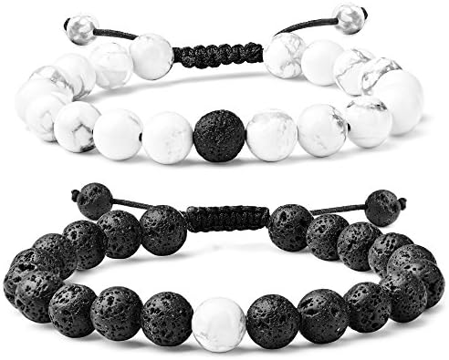 WRCXSTONE 2 PCS Distance Bracelet His Hers Black Lava Stone Woven Adjustable Bracelets Set Couple Jewelry
