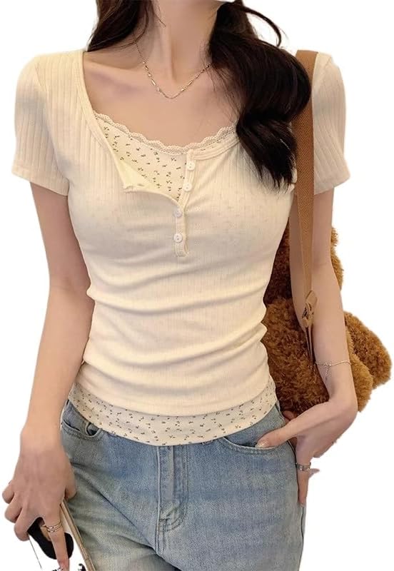 Y2K Floral Lace Trim Short Sleeve Shirts Coquette Scoop Neck Slim