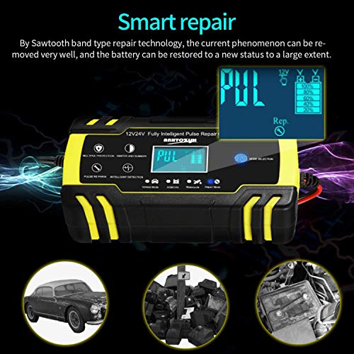 HAUSPROFI 12V/24V 8Amp Automatic Battery Charger with 3-Stage Charging, 6 Modes, LCD Screen, Intelligent Charging, Repairs, Maintains Car, Motorcycle, Boat, Mower Battery