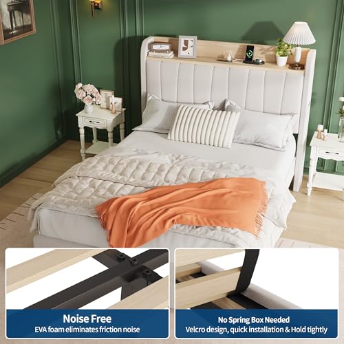 Twin Size Upholstered Bed Frame with Storage Headboard and Charging Station, Platform Bed Frame with Metal Drawers, Heavy Duty, No Box Spring Needed, Easy Assembly, Beige