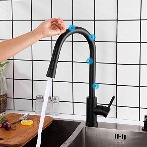 GAPPO Touch Kitchen Faucet with Pull Down Sprayer, Single Handle Smart Kitchen Sink Faucets with Pull Out Sprayer, Stainless Steel Touch Activated Faucet, Matte Black