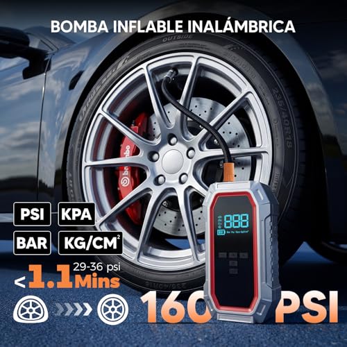 5000A Arrancador de Coche con Compresor de Aire 160 PSI, Inflador de Neumáticos, Banco de Energía para Vehículos de 12V Gasolina 9L Diésel 8L, Incluye Pantalla LCD, Luz LED y Cables de Puente, plata