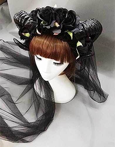 Changlesu Vintage Victorian Black Roses Sheep Horns Headband Party Night Fancy Dress Lace Veil Hair Accessory Handmade