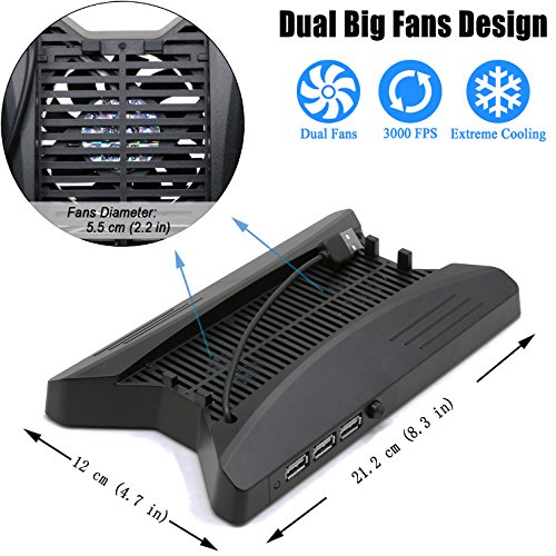 ADVcer PS4 Pro Cooling Vertical Stand - Dual Big Fan Cool System with 3 Extra USB Port HUB + 8 PS4 Controller Thumb Grip Cover Cap for Sony Playstation 4 Pro Game Console and DualShock 4 Gamepad