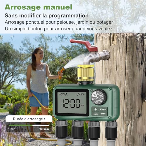 4 Way Water Timer with Brass Inlet, Large LCD Display, Automatic Watering for Garden, Programmable Irrigation, Simple Use, Rain Delay Manual Watering for Lawn