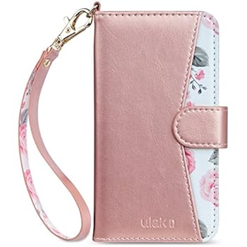 ULAK Flip Floral Wallet Case for iPhone 8/iPhone 7, Premium PU Leather Case with Kickstand Card Holder ID Slot and Wristlet Shockproof Protective Cover for Apple iPhone 7/8 4.7 Inch, Rose Gold Floral