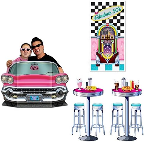 Fifties Birthday Party Decorations and Photo Props Set Including The Pink Convertible Photo Prop, Soda Shop Tables & Stools Props and The Fabulous 50's Door Cover (3 Items)