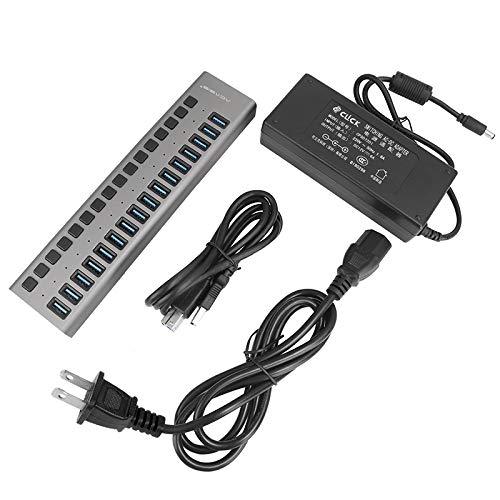 USB 3.0 Hub,16 Port USB Hub with Power Adapter/ Charging Port/ Individual Power Switches for