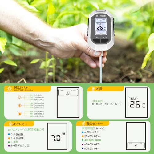 YAMRON 4-in-1 Soil Moisture Meter Digital Plant Temperature/Soil Moisture/pH Meter/Sunlight Intensity Backlight LCD Display Soil Test Meter for Gardening, Farming and Outdoor Plants