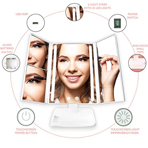 Lighted Makeup Mirror - 3-Color Dimmable Lighting Vanity w/ 32 LEDs, Tri-Fold Design - 1X 2X 3X Magnification, Smart… - Image 2