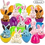 GIGALUMI 12 Pcs Filled Easter Eggs set with 3.94” Assorted Pastel Colorful Plush Bunnies for Easter Basket Stuffers and Easter Egg Hunt Party Favor for Kids!