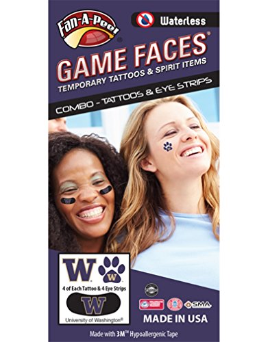 University of Washington (UW) Huskies â€“ Waterless Peel & Stick Temporary Tattoos â€“ 12-Piece Combo â€“ 4 Purple/Gold W Logo & 4 Gold W Logo on Purple Paw Print Spirit Tattoos & 4 Purple/Gold W Logo on Bl