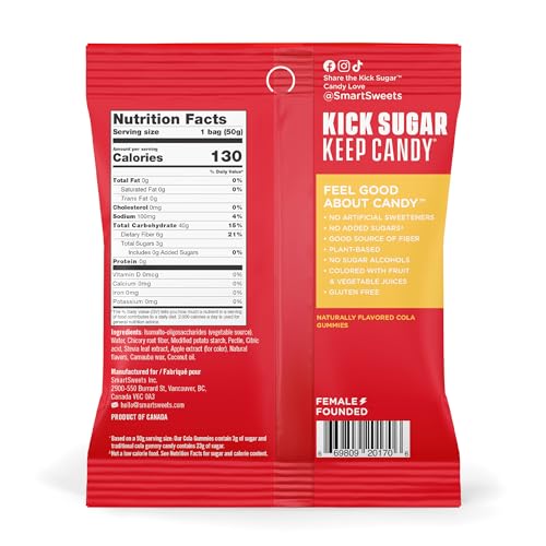SMART SWEETS COLA GUMMIES, 1.8OZ (PACK OF 12), CANDY WITH LOW SUGAR (3G), LOW CALORIE (100), NO ARTIFICIAL SWEETENERS, VEGAN, PLANT-BASED, GLUTEN-FREE, HEALTHY SNACK FOR KIDS & ADULTS