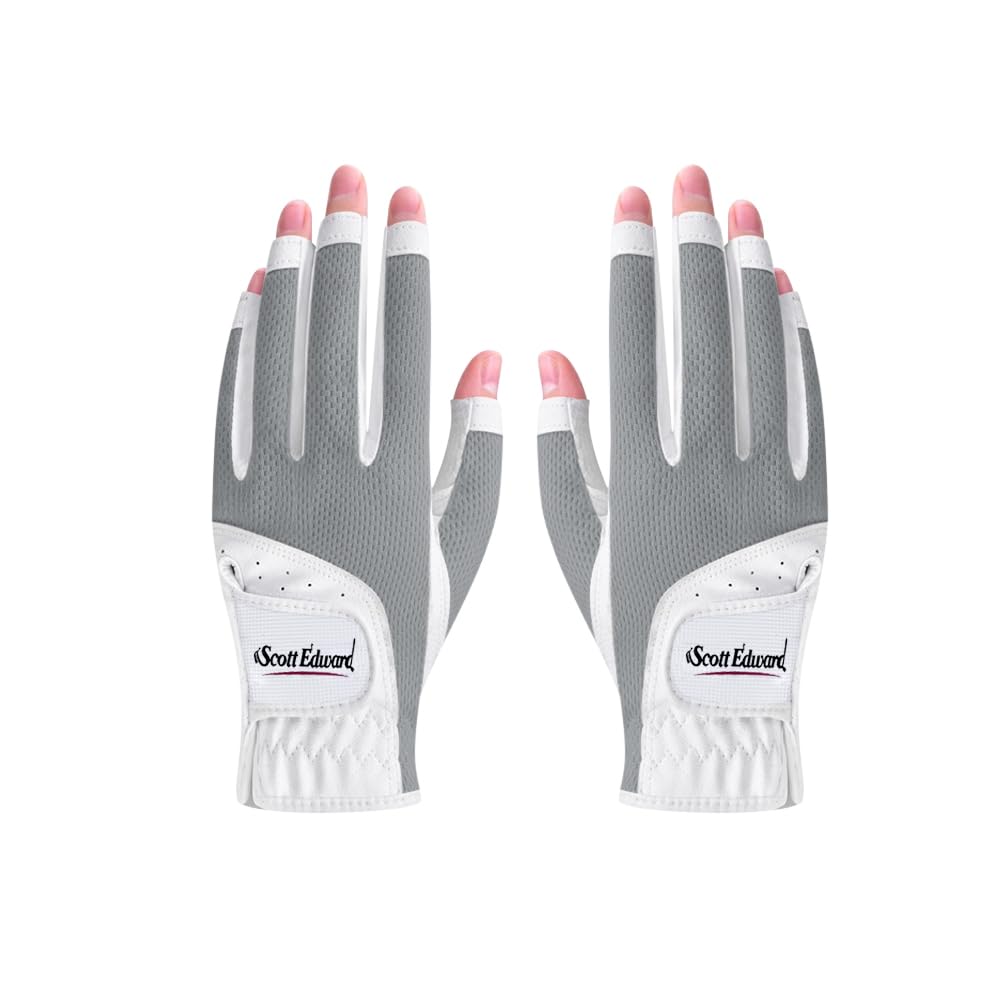 Scott Edward 1 Pair Open-finger Women's Golf Gloves 2 Pack Left Right Hand Lady Fingerless Golf Gloves PU and Microfiber Breathable Mesh Fabric Cool and Comfortable (Grey,20)