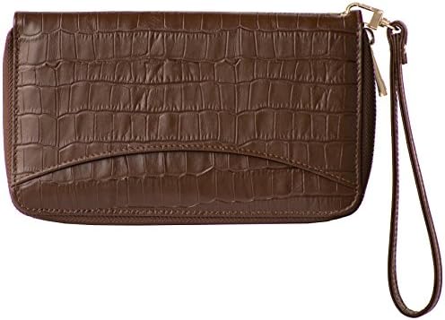 Women's Genuine Leather Wallet Wristlet Strap Clutch with Scan Proof Walls for tap to pay contactless credit card protection