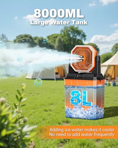 Orteen Portable Misting Fan, Rechargeable Outdoor Cooler, Battery Operated Personal Fan with3 Speeds & 8L Bucket for Patio, Camping,Hiking, Backyard, Travel, Desk,Pool, Beach