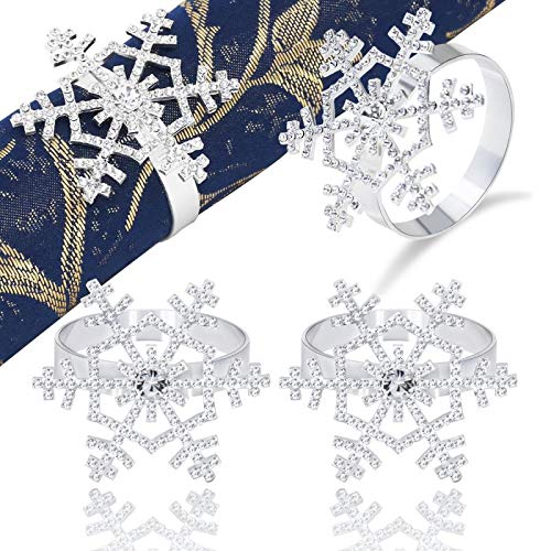 JulyLab Snowflake Napkin Rings Set Silver Rhinestone for Christmas Holiday Wedding Banquet Dinner Decor Favor (style1 Silver Set of 2)
