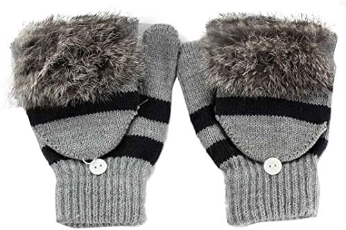 EKIMI Women Multi-function Knitted Touch Screen Winter Gloves Soft Warm Rabbit Fur Clamshell Mitten (Gray)