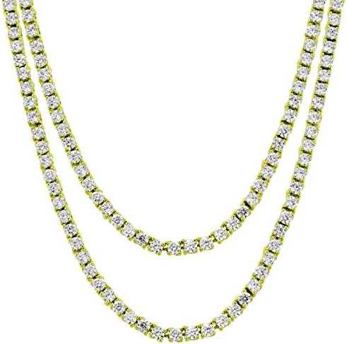 Mens Tennis Link Choker Necklace Solitaire Lab Diamonds 14K Yellow Gold Finish 4 MM 2 Chain Combo Set (Chain 22 &amp; 24)