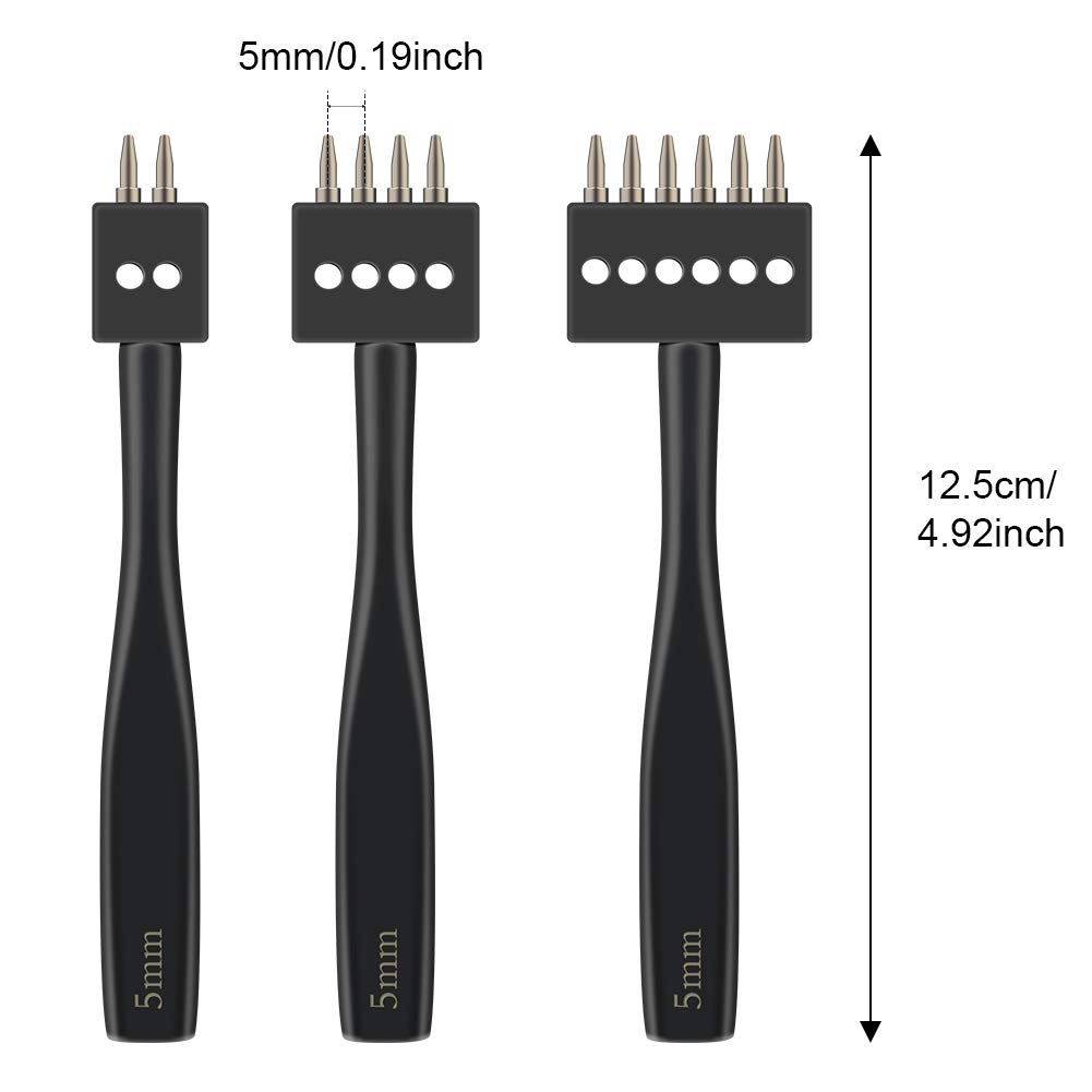 DIUDUS Leather Hole Punch, Prong Punch, Black Hole Punch Tool 5mm, 2/4/6 Lacing Stitching Punch, Round Hole Prong Stitching Chisel Set Leather Working Tools for Leathercraft